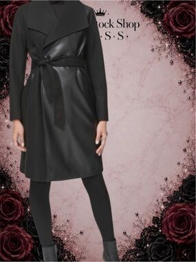 🔴New NWT Kenneth Cole New York Mixed Media Faux Leather Belted Trench Coat